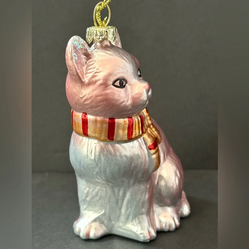Elegant Pink Iridescent Feline Cat Striped Scarf Blown Glass Ornament Home Decor